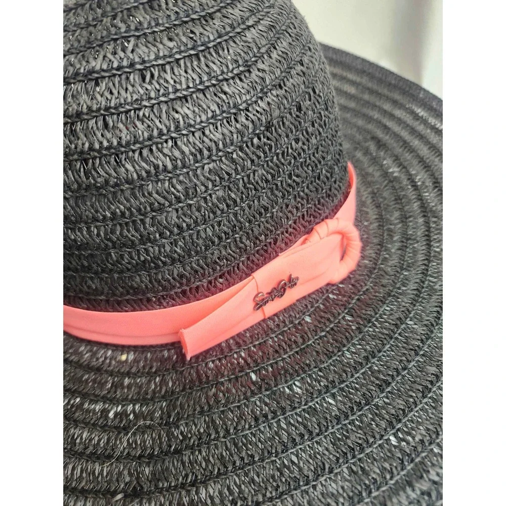 Som-Her Black Wide Brim Straw Sun Hat Coral Pink Ribbon Made in Mexico